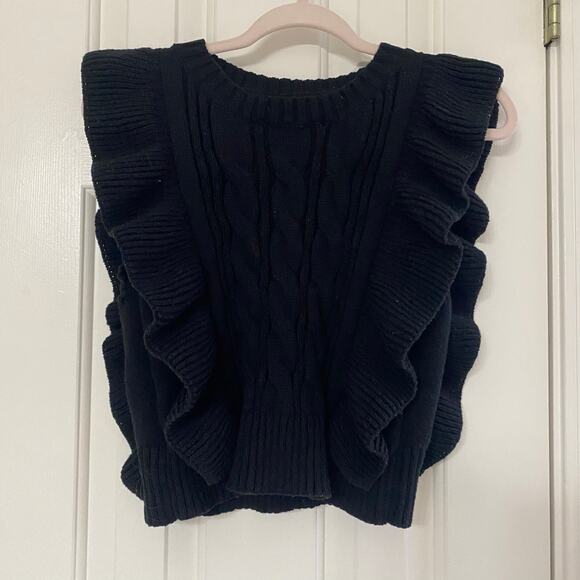 SHEIN • Black Cable Knit Ruffle Trim Crew Neck Sleeveless Sweater - Picture 2 of 5